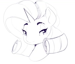 Size: 955x822 | Tagged: safe, artist:thelunarmoon, derpibooru import, rarity, pony, unicorn, g4, female, grayscale, horn, lidded eyes, looking at you, mare, monochrome, signature, simple background, solo, white background