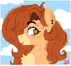 Size: 929x853 | Tagged: safe, artist:thelunarmoon, derpibooru import, oc, oc only, oc:pencil test, earth pony, pony, bust, chest fluff, cloud, ear piercing, earring, facial markings, female, freckles, jewelry, mare, mealy mouth (coat marking), piercing, pixel art, sky background, solo