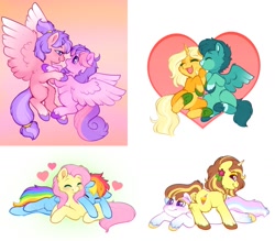 Size: 1509x1322 | Tagged: safe, artist:sekuponi, derpibooru import, fluttershy, rainbow dash, oc, oc:banana sundae, oc:blush rush, oc:creme candy, oc:pop crush, earth pony, pegasus, pony, unicorn, g4, blushing, butt, chest fluff, ear fluff, ears, female, floating heart, flower, flower in hair, flutterdash, flying, heart, heart eyes, horn, lesbian, looking at each other, looking at someone, lying down, male, mare, not petunia petals, plot, prone, shipping, stallion, tongue, tongue out, unshorn fetlocks, wingding eyes