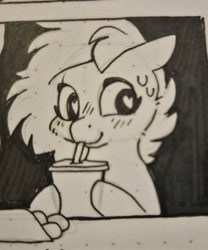 Size: 1705x2048 | Tagged: safe, artist:sekuponi, derpibooru import, oc, oc only, earth pony, pony, black and white, cup, drink, drinking, drinking straw, female, food, grayscale, heart, heart eyes, mare, monochrome, solo, sweat, traditional art, wingding eyes