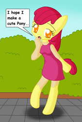 Size: 1352x2004 | Tagged: safe, artist:sin-r, derpibooru import, apple bloom, earth pony, human, pony, g4, age regression, breasts, clothes, dress, female, human to pony, solo, species swap, speech bubble, transformation, younger