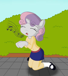 Size: 1628x1800 | Tagged: safe, artist:sin-r, derpibooru import, sweetie belle, human, pony, unicorn, g4, age regression, breasts, clothes, eyes closed, female, horn, human to pony, kneeling, music notes, nudity, partial nudity, shoes, singing, skirt, socks, solo, species swap, strategically covered, topless, transformation, younger