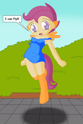 Size: 1472x2180 | Tagged: safe, artist:sin-r, derpibooru import, scootaloo, human, pegasus, pony, g4, age regression, breasts, clothes, dress, female, flying, human to pony, mid-transformation, open mouth, scootaloo can fly, solo, species swap, speech bubble, transformation, younger