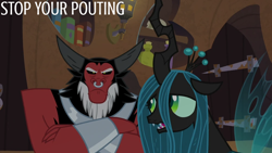Size: 2000x1125 | Tagged: safe, derpibooru import, edit, edited screencap, editor:quoterific, screencap, lord tirek, queen chrysalis, centaur, changeling, changeling queen, taur, g4, the summer sun setback, duo, duo male and female, female, male, pouting