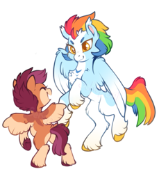 Size: 569x621 | Tagged: safe, artist:sekuponi, derpibooru import, rainbow dash, scootaloo, pegasus, pony, g4, alternate design, chest fluff, duo, duo female, ear fluff, ear tufts, ears, female, filly, foal, mare, simple background, unshorn fetlocks, white background