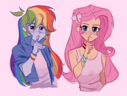 Size: 2048x1536 | Tagged: safe, artist:dreamz, derpibooru import, fluttershy, rainbow dash, equestria girls, g4, bare shoulders, bracelet, choker, clothes, duo, duo female, female, finger on lips, jewelry, looksmaxxing, mewing, pink background, shirt, simple background, sleeveless, t-shirt, tanktop, wristband