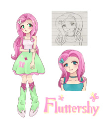 Size: 1200x1400 | Tagged: safe, artist:madokakoaki, derpibooru import, fluttershy, human, g4, blushing, boots, bracelet, clothes, cute, dress, female, fluttershy's skirt, humanized, jewelry, necklace, shoes, shyabetes, simple background, skirt, socks, solo, stockings, tanktop, thigh highs, white background