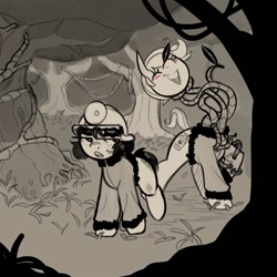 Size: 1000x1000 | Tagged: safe, artist:shouldbedrawing, derpibooru import, oc, oc only, earth pony, pony, blush sticker, blushing, clothes, duo, eyes closed, female, forest, headlamp, helmet, jacket, leaf, lidded eyes, mare, mining helmet, monochrome, nature, open mouth, open smile, partial color, smiling, tree