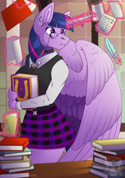 Size: 2141x3039 | Tagged: safe, artist:grumpygriffcreation, derpibooru import, twilight sparkle, twilight sparkle (alicorn), alicorn, anthro, g4, accessory, book, clothes, friendship journal, magic, quill, skirt, solo