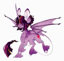 Size: 1050x1000 | Tagged: safe, artist:m00nkachu, derpibooru import, twilight sparkle, twilight sparkle (alicorn), alicorn, bat pony, bat pony alicorn, pony, g4, alternate design, bat wings, chest fluff, cloven hooves, concave belly, curved horn, ear fluff, ear tufts, ears, fangs, female, horn, leonine tail, mare, race swap, simple background, slender, solo, spread wings, tail, thin, unshorn fetlocks, white background, wings