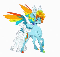 Size: 960x915 | Tagged: safe, artist:m00nkachu, derpibooru import, rainbow dash, pegasus, pony, g4, alternate design, chest fluff, concave belly, ear piercing, earring, female, jewelry, mare, piercing, simple background, slender, solo, spread wings, thin, white background, winged hooves, wings
