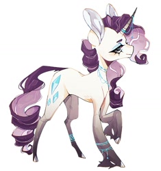Size: 1245x1326 | Tagged: safe, artist:m00nkachu, derpibooru import, rarity, classical unicorn, pony, unicorn, g4, alternate design, cloven hooves, female, horn, horn jewelry, jewelry, leonine tail, mare, necklace, simple background, solo, unshorn fetlocks, white background