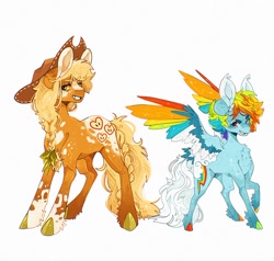 Size: 960x915 | Tagged: safe, artist:m00nkachu, derpibooru import, applejack, earth pony, pegasus, pony, g4, alternate design, applejack's hat, braid, chest fluff, clothes, coat markings, concave belly, cowboy hat, duo, ear tufts, female, hat, height difference, mare, simple background, size comparison, slender, spread wings, thin, unshorn fetlocks, white background, winged hooves, wings