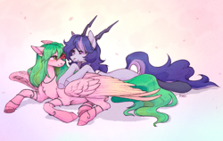 Size: 1574x995 | Tagged: safe, artist:sparkling_light, derpibooru import, oc, pegasus, pony, duo, female, flower, horn, large wings, rose, wings