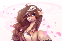 Size: 3000x2000 | Tagged: safe, artist:sparkling_light, derpibooru import, oc, oc only, oc:ondrea, pegasus, pony, crying, ears back, female, jewelry, mare, pegasus oc, pendant, petals, simple background, skull, white background, wings