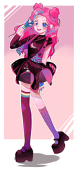 Size: 1445x3181 | Tagged: safe, artist:zhen573233, derpibooru import, pinkie pie, human, g4, abstract background, clothes, dress, humanized, long socks, open mouth, peace sign, platform boots, smiling, solo