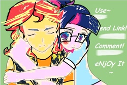 Size: 1284x863 | Tagged: safe, artist:sunsetzine, derpibooru import, sci-twi, sunset shimmer, twilight sparkle, human, g4, 1000 hours in ms paint, base used, bowtie, duo, female, glasses, hug, hug from behind, lesbian, sci-twishimmer, shipping, sunsetsparkle