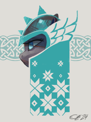 Size: 1500x2000 | Tagged: safe, artist:egil, derpibooru import, sun cross, earth pony, pony, g4, abstract, helmet, mighty helm, pattern, solo