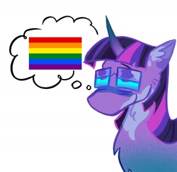Size: 1955x1910 | Tagged: safe, artist:sunsetzine, derpibooru import, twilight sparkle, pony, unicorn, g4, curved horn, female, gay pride flag, glasses, horn, mare, pride, pride flag, simple background, solo, thought bubble, white background