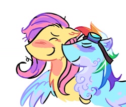 Size: 1395x1185 | Tagged: safe, artist:sunsetzine, derpibooru import, fluttershy, rainbow dash, pegasus, pony, g4, alternate design, chest fluff, duo, ear fluff, ears, female, flutterdash, goggles, goggles on head, height difference, hug, lesbian, mare, shipping, simple background, tallershy, white background, winghug, wings