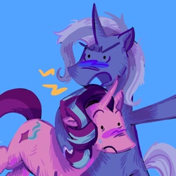 Size: 2048x2048 | Tagged: safe, artist:sunsetzine, derpibooru import, starlight glimmer, trixie, pony, unicorn, g4, angry, blue background, blushing, curved horn, duo, female, horn, hug, lesbian, mare, shipping, simple background, startrix, sweat, yelling