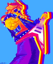 Size: 1480x1790 | Tagged: safe, artist:sunsetzine, derpibooru import, sunset shimmer, human, equestria girls, g4, blue background, clothes, electric guitar, female, flying v, guitar, guitar pick, jacket, leather, leather jacket, musical instrument, rockstar, simple background, solo, spiked wristband, sunglasses, wristband