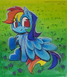 Size: 2652x3038 | Tagged: safe, artist:twentysixthirtyseven, derpibooru exclusive, derpibooru import, rainbow dash, pegasus, pony, g4, colored, grass, grass field, painting, signature, sitting, smiling, wings, wings down