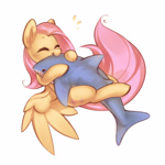 Size: 2500x2500 | Tagged: safe, artist:mirroredsea, derpibooru import, fluttershy, pegasus, pony, shark, blåhaj, commission, cute, emanata, eyes closed, female, long tail, mare, nom, plushie, shark plushie, simple background, smiling, solo, tail, white background, wings, ych example, your character here
