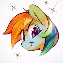 Size: 2048x2048 | Tagged: safe, artist:mirroredsea, derpibooru import, rainbow dash, pegasus, g4, bust, female, looking at you, mare, portrait, simple background, smiling, sparkles, white background