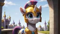 Size: 3840x2160 | Tagged: safe, ai content, derpibooru import, generator:stable diffusion, machine learning generated, oc, oc only, pony, unicorn, g4, armor, canterlot castle, cloud, female, generator:autismmix confetti, guardsmare, helmet, high res, horn, looking at you, mare, peytral, prompter:truekry, royal guard, sky, smiling, smiling at you, solo, upper body