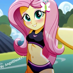 Size: 4096x4096 | Tagged: safe, ai content, derpibooru import, machine learning generated, fluttershy, equestria girls, g4, belly, belly button, clothes, cloud, long hair, midriff, photoshop, prompter:angeldusk17, selfie, sky, slender, sports, sports bra, sports outfit, sports panties, thin, tree