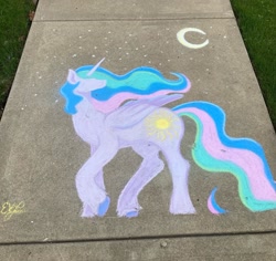 Size: 2048x1937 | Tagged: safe, artist:jiaorenscove, derpibooru import, princess celestia, alicorn, pony, g4, beautiful, chalk, chalk drawing, grass, moon, sidewalk, solo, traditional art