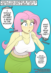 Size: 3113x4500 | Tagged: safe, artist:pshyzomancer, derpibooru import, fluttershy, human, equestria girls, g4, big breasts, blue background, breasts, clothes, cute, dialogue, excited, hairpin, hootershy, leaning, leaning forward, meme, simple background, skirt, solo, sparkly eyes, tanktop, text, wingding eyes