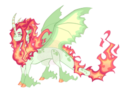 Size: 4400x3300 | Tagged: safe, artist:gigason, derpibooru import, oc, oc only, oc:ginko, draconequus, hybrid, tricorn, bat wings, coat markings, colored hooves, colored pinnae, colored wings, concave belly, curved horn, dappled, draconequus oc, female, fiery mane, fiery tail, golden eyes, hoof polish, horn, long feather, long fetlocks, looking back, magical threesome spawn, multicolored wings, multiple horns, obtrusive watermark, offspring, parent:cayenne, parent:crackle cosette, parent:discord, ponytail, shiny hooves, simple background, slender, socks (coat marking), solo, spread wings, standing, striped horn, thin, transparent background, unshorn fetlocks, watermark, wings