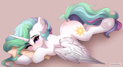 Size: 1280x695 | Tagged: safe, artist:natanvok, derpibooru import, princess celestia, alicorn, pony, g4, frog (hoof), hoofbutt, lying down, pillow, prone, solo, sploot, underhoof