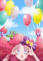 Size: 2480x3508 | Tagged: safe, artist:asayuuuu, derpibooru import, gummy, pinkie pie, alligator, human, g4, :o, balloon, bow, cloud, hair bow, humanized, looking at you, open mouth, sky