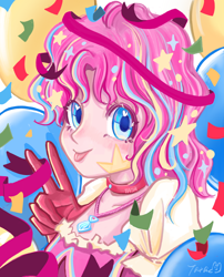Size: 1640x2027 | Tagged: safe, artist:tata, derpibooru import, pinkie pie, human, g4, balloon, blushing, bust, clothes, collar, confetti, dress, humanized, jewelry, looking at you, peace sign, pendant, portrait, solo, stars, tongue, tongue out