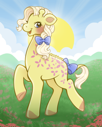 Size: 2169x2700 | Tagged: safe, artist:sparkytopia, derpibooru import, giraffe, g1, bow, creamsicle, creamsicle (g1), female, hair bow, pony friends, raised hooves, smiling, solo