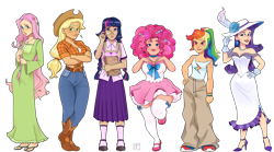 Size: 3600x2000 | Tagged: safe, artist:kavli-kaffel, derpibooru import, applejack, fluttershy, pinkie pie, rainbow dash, rarity, twilight sparkle, human, g4, alternate hairstyle, applejack's hat, bare shoulders, beauty mark, belt, book, boots, cargo pants, choker, chubby, clothes, concave belly, cowboy boots, cowboy hat, curvy, diverse body types, dress, ear piercing, earring, eyeshadow, face tattoo, feather, feet, female, fit, freckles, glasses, gloves, grin, hat, height difference, high heels, hourglass figure, humanized, jewelry, lipstick, looking at you, makeup, mane six, midriff, muscles, pants, physique difference, piercing, ponytail, sandals, shirt, shoes, simple background, size difference, skirt, slender, smiling, sneakers, socks, stockings, straw in mouth, sun hat, sweater vest, tanktop, tattoo, thigh highs, thin, transparent background