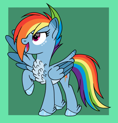Size: 2157x2236 | Tagged: safe, artist:teal-quil, derpibooru import, rainbow dash, pegasus, pony, g4, alternate design, chest fluff, colored wings, hair over one eye, one wing out, open mouth, open smile, raised hoof, raised leg, smiling, solo, two toned wings, wings