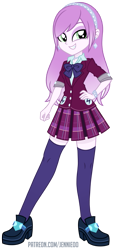 Size: 559x1200 | Tagged: safe, artist:jennieoo, derpibooru import, oc, oc:wisteria shroud, equestria girls, g4, bow, clothes, commission, crystal prep academy uniform, ear piercing, earring, eyeshadow, hand on hip, jewelry, makeup, piercing, school uniform, simple background, skirt, smiling, solo, stockings, thigh highs, transparent background, vector, zettai ryouiki