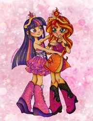 Size: 2055x2679 | Tagged: safe, artist:dariarchangel, derpibooru import, sunset shimmer, twilight sparkle, human, equestria girls, g4, big crown thingy, blushing, boots, bow, bracelet, clothes, cutie mark, cutie mark on clothes, dress, duo, duo female, ear piercing, earring, element of magic, female, high heel boots, high heels, hug, human coloration, jewelry, lesbian, my little pony equestria girls: rainbow rocks, piercing, pink dress, platform boots, platform heels, platform shoes, regalia, shipping, shoes, skirt, smiling, sparkles, sunsetsparkle