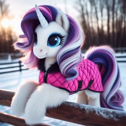 Size: 1024x1024 | Tagged: safe, ai content, machine learning generated, rarity, pony, unicorn, alternate hair color, bing, clothes, female, fence, fluffy, leaning, leaning forward, mare, semi-realistic, solo, winter outfit
