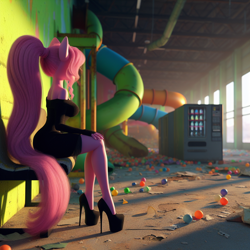 Size: 1024x1024 | Tagged: safe, ai content, derpibooru import, machine learning generated, pinkie pie, anthro, g4, abandoned, adorasexy, ball pit, bench, big breasts, breasts, clothes, creepy, cute, dress, dust, face not visible, female, high heels, liminal space, long hair, no tail, photorealistic, pinkie pies, pipe, playset, ponytail, prompter:horselover fat, sexy, shoes, side view, sideboob, sitting, slide, solo, sunset, surreal, vending machine, warehouse, weird, window