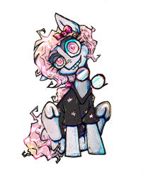 Size: 2513x3105 | Tagged: safe, artist:jehr, derpibooru import, oc, oc only, pony, bow, clothes, commission, curly hair, eyelashes, glass, glasses, grey body, looking at you, mouth hold, one ear down, pink eyes, pink hair, ponytail, shirt, simple background, sitting, smiling, smiling at you, stars, t-shirt, teeth, underhoof, white background