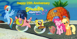 Size: 1518x772 | Tagged: safe, artist:lizzmcclin, derpibooru import, applejack, pinkie pie, rainbow dash, g4, 25th anniversary, female, gary the snail, male, nickelodeon, patrick star, spongebob squarepants, spongebob squarepants (character), spongebob squarepants 25th anniversary