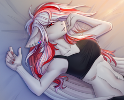 Size: 2818x2292 | Tagged: safe, alternate version, artist:lynex_483, derpibooru import, part of a set, oc, oc only, oc:skyshard melody, anthro, pegasus, bed, belly button, belly piercing, black bra, black panties, black underwear, bra, clothes, commission, ear piercing, earring, female, jewelry, lying down, on back, panties, piercing, red eyes, red hair, relaxing, simple background, smiling, solo, sports bra, underwear, white fur, white hair, wings, ych result