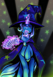 Size: 1120x1605 | Tagged: safe, artist:spenaatti, derpibooru import, trixie, pony, unicorn, g4, abstract background, brooch, cape, card, clothes, female, hat, horn, jewelry, looking at you, magic, magic aura, mare, raised hoof, raised leg, smiling, smiling at you, solo, stars, telekinesis, trixie's brooch, trixie's cape, trixie's hat, unshorn fetlocks