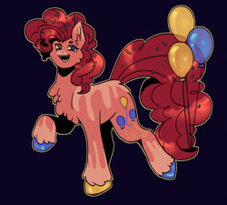 Size: 1869x1680 | Tagged: safe, artist:spenaatti, derpibooru import, pinkie pie, earth pony, pony, g4, balloon, black background, colored hooves, female, heterochromia, hooves, mare, multicolored hooves, open mouth, open smile, outline, simple background, smiling, solo, sprinkles in hair, strut