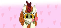 Size: 4029x1863 | Tagged: safe, artist:suryfromheaven, derpibooru import, autumn blaze, kirin, g4, gradient background, heart, heart background, heart eyes, hooves, looking at you, love, raised hoof, raised leg, smooch, solo, wingding eyes